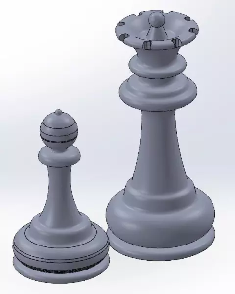 ECHECS PION H75 + REINE H110 — Pièces d’échecs grand format : pion de 75 mm et reine de 110 mm.